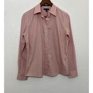 Lands’ End Women No-Iron Pinpoint Oxford Pink Green Plaid Button Up Shirt Sz 10